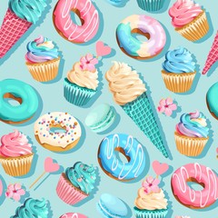 Vector seamless pattern with cupcakes and donuts