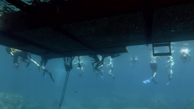 Big group of scuba divers and snorkelers are sitting on a floating platform. Underwater view.