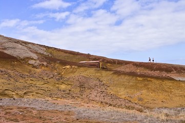 Madeira, Portugal - 20 August 2019: hiking on a slope in a desertic place 