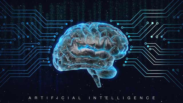 The brain appears in the center. Curcuit board dataline connecting background, Artificial intelligence. 4k animation.