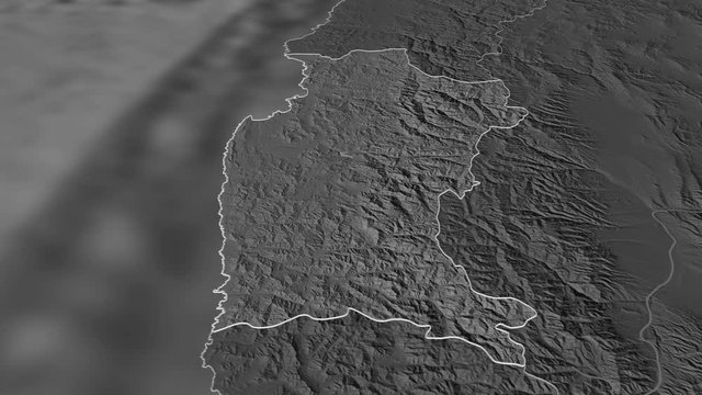 Coquimbo, region with its capital, zoomed and extruded on the bilevel map of Chile in the conformal Stereographic projection. Animation 3D