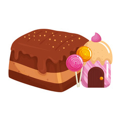 cupcake house delicious with lollipops and brownie vector illustration design