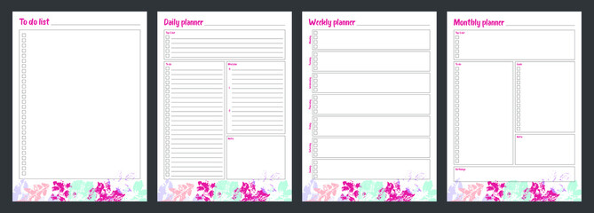 Set of planners with minimalistic floral design. Monthly, weekly, daily planner, to do list.