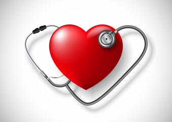 A stethoscope in the shape of a heart and red heart, isolated on white background