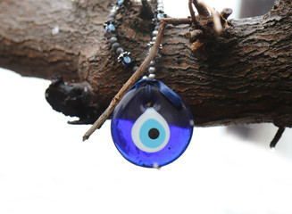 evil eye bead hanging on olive tree.