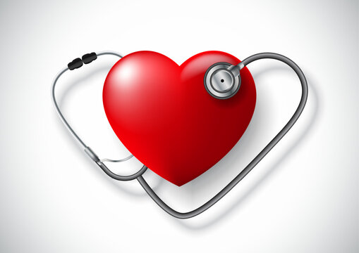 A stethoscope in the shape of a heart and red heart, isolated on white background - Powered by Adobe