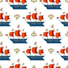 Cute Childish hand drawn sailboat with red sails and anchor on white background.