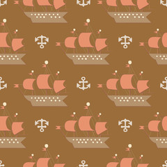 Cute Childish hand drawn sailboat and anchor on brown background.