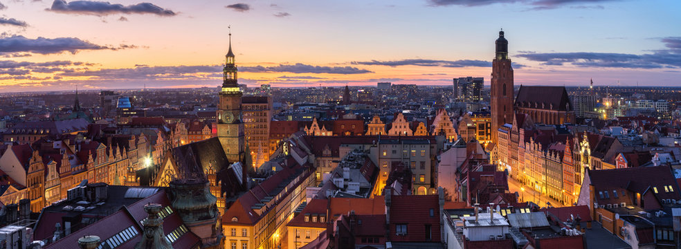 Wroclaw, Poland.  Panoramic aerial cityscape at dusk 