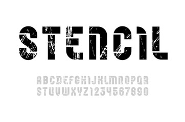 Fototapeta na wymiar Stencil army font, condensed bold military alphabet, modern geometric modular letters and numbers, book symbols for newspaper headline or your street poster design, vector illustration