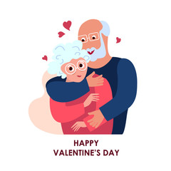 Happy St Valentine Day Celebration.14th February.Loving Old Pensioner Man and Elderly Woman Couple Hug each other. Falling in Love