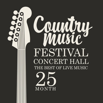 Vector poster for the country music festival with a guitar and inscription on the black background in retro style. Suitable for playbill, flyer, banner, invitation, cover