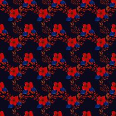 Seamless pattern with hand-drawn flowers, leaves and branches on a dark background.Pattern for fabric,invitations, wrapping paper, cards and other materials.Botanical ornament.