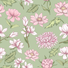 Fototapeta na wymiar Seamless pattern with magnolias, chrysanthemums and lotuses