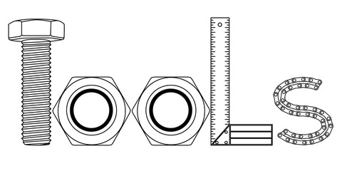 tools, t,o,l,s, letters, bolt, female screw, ruler, chain, black and white drowing