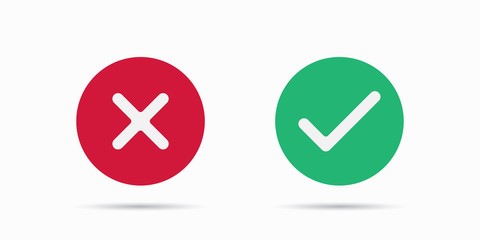 Check mark. Green tick symbol and red cross sign. Icons for evaluation quiz. Vector illustration