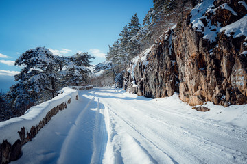 Fototapeta na wymiar Snowy Road in Winter Forest. Awesome winter landscape.