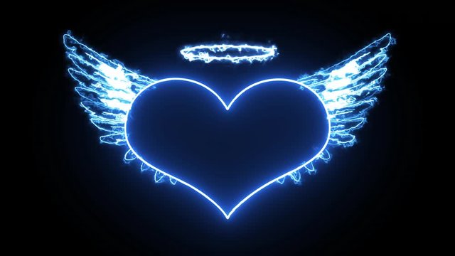 A heart in neon light with angel wings on fire under a holy halo on a black background