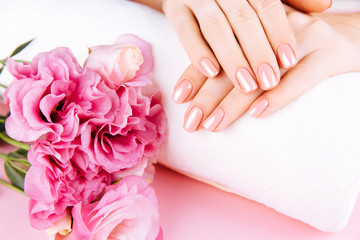 Beautiful Woman Hands with fresh eustoma. Spa and Manicure concept. Female hands with pink manicure. Soft skin, skincare concept. Beauty nails. Over beige background