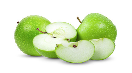 green apple with leaf isolated on white background. full depth of field