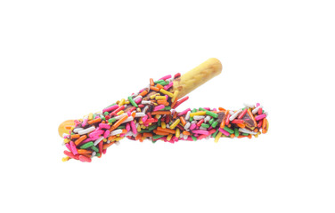 Biscuit stick bread with sweet colorful chocolate isolated on white background