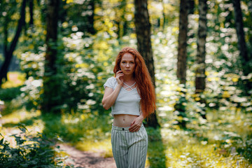 ginger charming woman young beautiful forest green