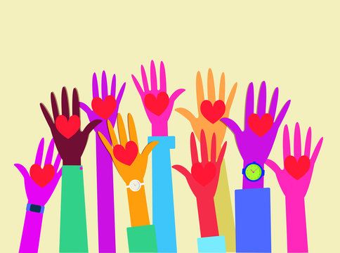 group of hands with hearts raised to the sky, multi colored hands open up to the top. Volunteering hands, participation of multiracial people. Modern flat vector illustration.