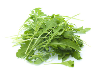 green fresh rucola leaves isolated on white background. Rocket salad or arugula