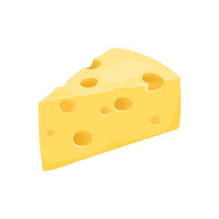 Cheese isolated on white background. Triangular piece of fresh yellow cheese in cartoon flat style. Vector illustration of dairy farm product. Icon.