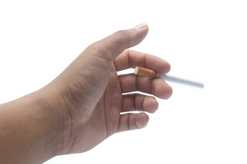 Hand, holding cigarette on white background