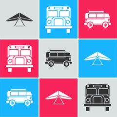 Set Hang glider, School Bus and Retro minivan icon. Vector