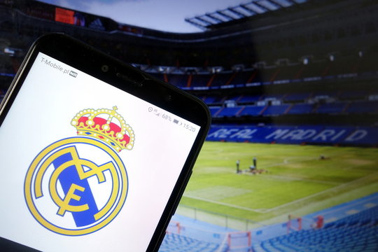 KONSKIE, POLAND - January 11, 2020: Real Madrid CF Logo On Mobile Phone