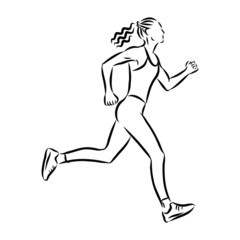 Fototapeta na wymiar girl athlete on a run, icon, vector sketch illustration
