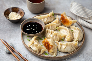 Traditional japaneese gyoza dumplings with meat and mushrooms on ceramic plate