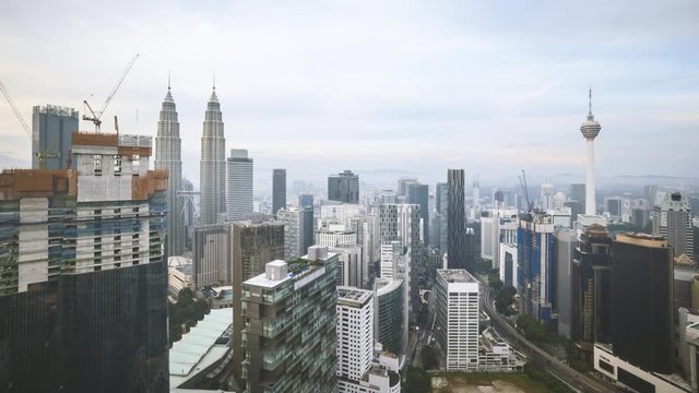 4k time lapse of sunset day to night scene at Kuala Lumpur city skyline. Zoom out