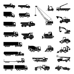 Detailed icons of trucks and construction equipment © Matiass