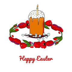 Happy Easter invitation card with text. Rounded red tulips with lavander garland with Easter cake and pussy willow in the middle. Circle made out of red tulips and pussy willow vector.  Elements for d