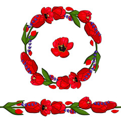 Rounded red tulips with lavander garland. Circle made out of red tulips and lavander vector. Red tulips seamless brush. Floral elements for designing cards and invitations for 8 march