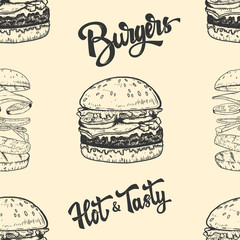 Seamless pattern with burgers. Design element for poster, card, banner, clothes decoration. - obrazy, fototapety, plakaty