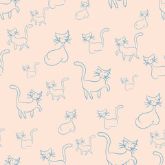 A group of stylized cats linear drawings seamless vector pattern. Doodle surface print design.