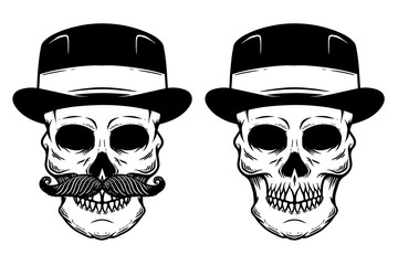 Illustration of skull in vintage gentleman hat. Design element for poster, logo, label, design.