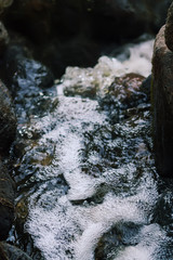 Flowing water and wet rocks in summer park