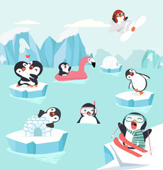 Penguins in North pole Arctic set