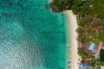 Beautiful panoramic view over Tonsai and Dalum Beach. Green jungles and hot stones on the bright sun of tropical island and the mountains in Andaman Sea. Phi Phi Viewpoint, Krabi, Thailand