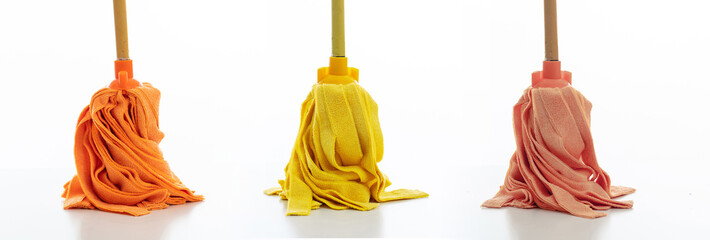 Cleaning floor mops set isolated against white background.