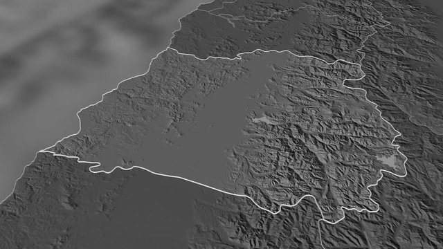 Maule, region with its capital, zoomed and extruded on the bilevel map of Chile in the conformal Stereographic projection. Animation 3D