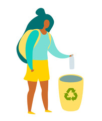 Woman throws trash in the trash can vector illustration. Plastic recycling basket. Recycle, ecological lifestyle. Flat cartoon card isolated on white background 