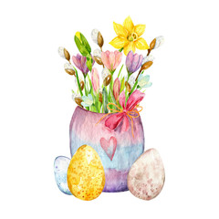 Watercolor spring bright bouquet in a vase with eggs on the white background. Narcissus, snowdrops flower, crocuses, bows, willow branches. Cute colorful Easter card. Hello Spring. Flowers background