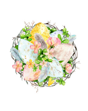 Watercolor spring nest with colorful Easter eggs, flowers, feathers and branches. Cherry blossom flowers. Colorful easter illustration on the white background. Easter greeting card, spring banner