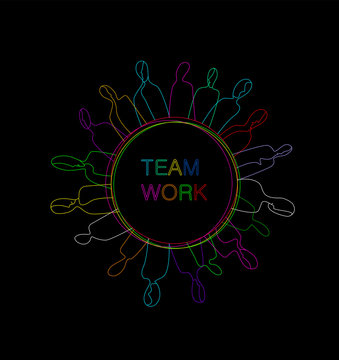 teamwork concept, crowd of vivid colored people located on the colored circle, working community creative contemporary idea,